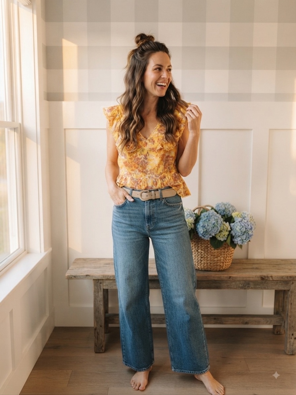 Nanette Lepore Yellow Floral Ruffle V-Neck Top Large